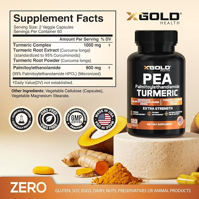 Palmitoylethanolamide 600mg + Turmeric Curcumin Complex 1000mg: Micronized Pea 99% Highly Purified and Bioavailable - Made in USA - Supplement for Men and Women - 120 Veggie Capsules