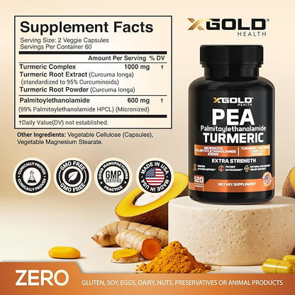 Palmitoylethanolamide 600mg + Turmeric Curcumin Complex 1000mg: Micronized Pea 99% Highly Purified and Bioavailable - Made in USA - Supplement for Men and Women - 120 Veggie Capsules