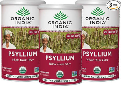 ORGANIC INDIA Psyllium Herbal Powder - Whole Husk Fiber Supplement, Digestion Support, Vegan, Gluten-Free, USDA Certified Organic, Non-GMO, Soluble & Insoluble Fiber Source - 12 oz (Pack of 3)