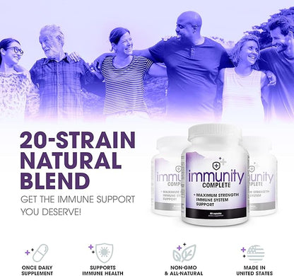 Immunity Complete - 20-in-1 Immune System Booster Formula with Cat's Claw, Quercetin, Vitamin C, and Olive Leaf Extract 60ct