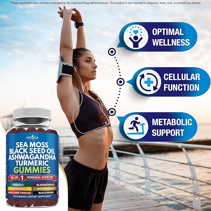 NEW AGE Sea Moss Gummies, Sea Moss, Black Seed, Ashwagandha, Turmeric, Manuka Honey, ACV, Dandelion, Black Pepper, Burdock, Bladderwrack, Vegan - 60 Count