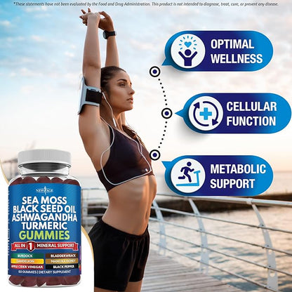NEW AGE Sea Moss Gummies, Sea Moss, Black Seed, Ashwagandha, Turmeric, Manuka Honey, ACV, Dandelion, Black Pepper, Burdock, Bladderwrack, Vegan - 60 Count