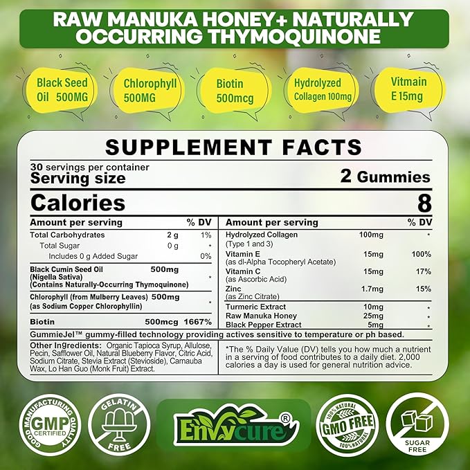 Black Seed Oil Gummies & Chlorophyll, Biotin 500mcg with Hydrolyzed Collagen, Raw Manuka Honey, Organic Cold Pressed - Ultimate Absorption for Skin, Hair & Nails, Digestive, Overall Health, Sugar Free