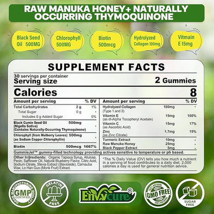 Black Seed Oil Gummies & Chlorophyll, Biotin 500mcg with Hydrolyzed Collagen, Raw Manuka Honey, Organic Cold Pressed - Ultimate Absorption for Skin, Hair & Nails, Digestive, Overall Health, Sugar Free