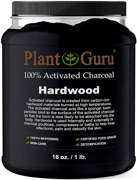 Plant Guru Activated Charcoal Powder Bulk - 1 lb. Jar - HARDWOOD - Food Grade Kosher Non-GMO - Teeth Whitening, Facial Mask and Soap Making. Promotes Natural Detoxification and Helps Digestion