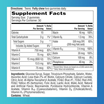 One A Day Teen for Him Multivitamin Gummies, Gummy Multivitamins with Vitamin A, C, D, E and Zinc for Immune Health Support, Physical Energy & more, 60 Count