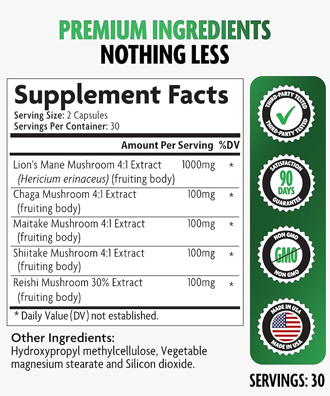 Lions Mane Mushroom Complex, 5 in 1 Adaptogenic Blend - Lionsmane, Chaga, Maitake, Shiitake and Reishi Extract Capsules - Nootropic Mushroom Supplement for Memory, Focus and Immune Support