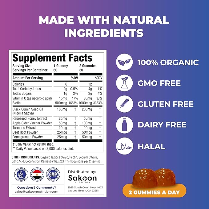 Sakoon nutrition Black Seed Oil Gummies with Honey and W/ 2%+ THYMOQUINONE - Nigella Sativa Seeds - Super antioxidant for Immune Support, Joints, Digestion, Hair & Skin - 60 Gummies