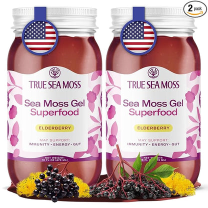 TrueSeaMoss Sea Moss Gel – Made in USA – Wildcrafted Seamoss, Fresh Fruits & Sea Vegetables – Elderberry, Pack of 2 (Labels may Vary)