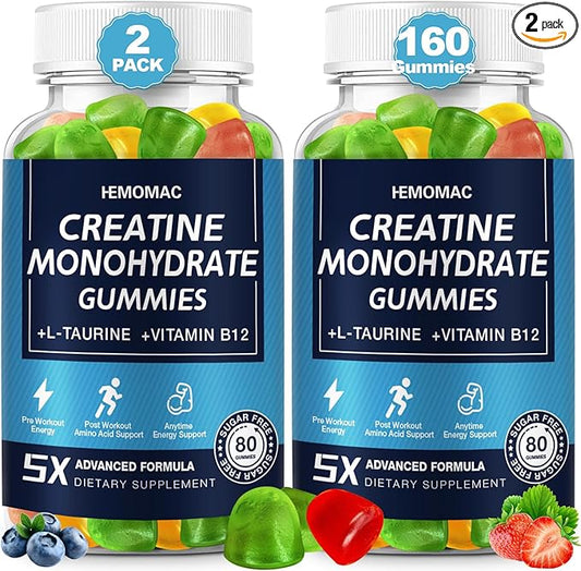 Creatine Monohydrate Gummies 5g for Men & Women, 160 Count Creatine Gummies for Muscle Strength, L-Taurine, Vitamin B12, Energy Boost, Workout Supplement, 2 Pack