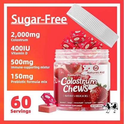 Colostrum Chews Supplement with probiotics for Gut Health, Bloating, Immune Support, Skin, Hair Growth and Beauty - Strawberry Flavor (60 Servings)