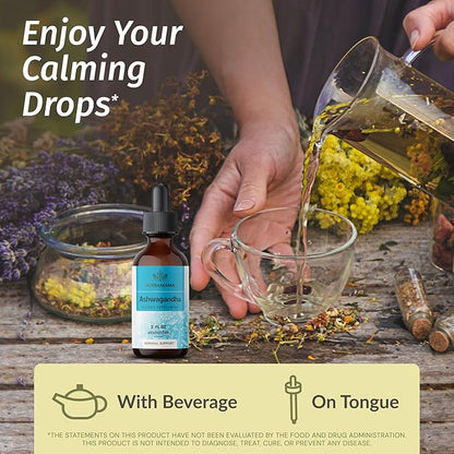 HERBAMAMA Ashwagandha Liquid Drops - Vegan Ashwagandha Root Extract for Calm & Mood Support - Non-GMO, Alcohol & Sugar-Free Calming Supplement for Adults, 28-Day Supply