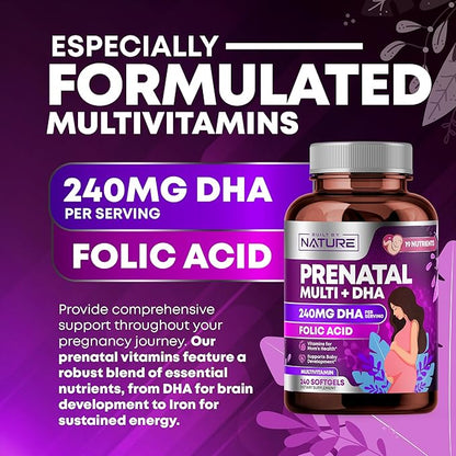 Prenatal Vitamins for Women - Multivitamin with DHA, Folic Acid, Vitamin C, B12, Iron & Omega-3 - Before, During & Post Pregnancy Supplement for Healthy Growth & Brain Development - 240 Softgels