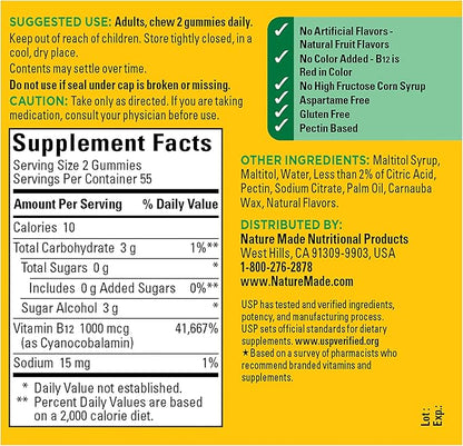 Nature Made Zero Sugar Energy Vitamin B12 Gummies 1000 mcg per Serving, B12 Vitamins, Energy Metabolism Support, Aspartame Free, 110 Sugar Free Gummies, 55 Day Supply
