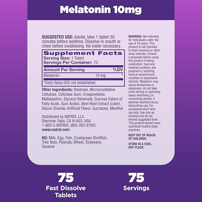Natrol Fast Dissolve Melatonin 10 mg, Melatonin Supplements for Restful Sleep, Sleep Support for Adults, 75 Strawberry-Flavored Tablets, Up to a 75 Day Supply