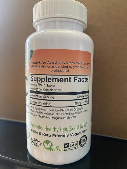 Zinc 50mg, (100 Tablets), Specially Formulated for Sensitive Stomach, Immune Support, Skin & Hair, Vegan Zinc Supplement, Non-GMO Made in USA