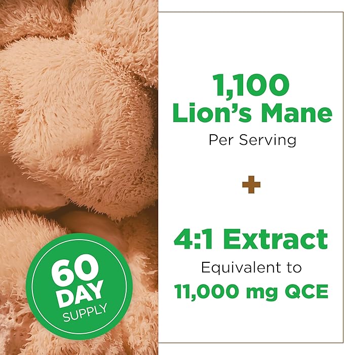 Plantvital Lions Mane Supplement - Organic Lion's Mane Mushroom Capsules 11,000mg (10:1 Extract) with 40% Polysaccharides - Immune System and Normal Brain Support Nootropic -2 Month Supply- 120 Count
