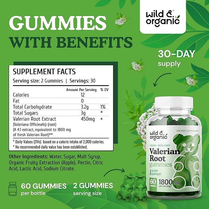 Wild & Organic Valerian Root Gummies 1800mg - Mood Support w/Valerian Root Extract - Calming Gummies for Relaxation - 60 Vegan, Non-GMO Powder Based Chews