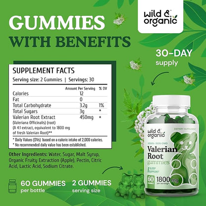 Wild & Organic Valerian Root Gummies 1800mg - Mood Support w/Valerian Root Extract - Calming Gummies for Relaxation - 60 Vegan, Non-GMO Powder Based Chews
