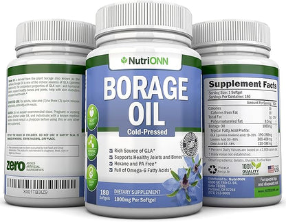 Borage Oil - 1000 mg - 180 Softgels - Cold Pressed High GLA Borage Seed Oil - Hexane and PA Free - Great for Skin, Hair and Bones.