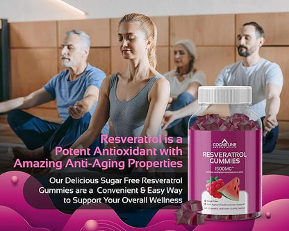 Resveratrol Gummies - Sugar Free Natural Raspberry Watermelon Flavor, 1500mg Resveratrol Supplement for Heart, Brain, Immune Support & Wellness, Powerful Antioxidant with Anti-Aging Benefits