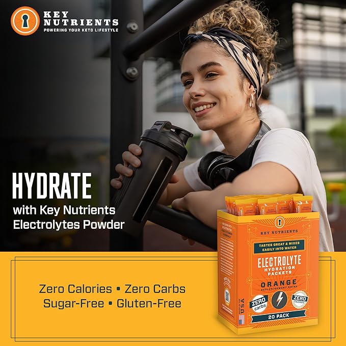 KEY NUTRIENTS Multivitamin Electrolytes Powder Packets - Tangy Orange Post Workout and Recovery 20 Pack Hydration Packets - Travel Hydration Powder - No Sugar, No Calories