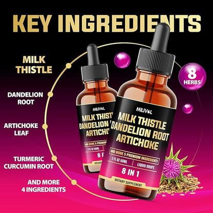 8in1 Milk Thistle Liquid Drops with Dandelion Root, Artichoke Leaf and 5 More Herbals - 60 Days Supply - 2 Fl Oz