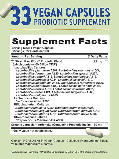 Nature's Truth Raw Flora Probiotic with Prebiotics | 60 Billion CFU | Daily Digestive Vegan Capsules | Gluten Free Supplement for Men and Women