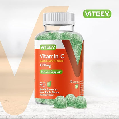 Vitamin C Gummies for Adults & Teens, 1050mg Maximum Strength - Immune Support Gummies - Immune Booster - Vegan, Gelatin Free, Gluten Free - Tasty Vitamin C Chewable Sour Apple Flavored Gummy