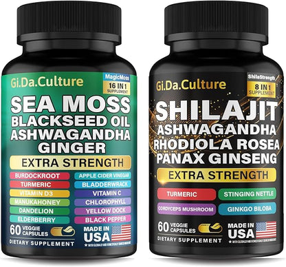 Sea Moss and Shilajit Bundle - Shilajit and Sea Moss Combo with Ashwagandha Black Seed Oil Turmeric Bladderwrack Burdock Root Black Pepper with Vitamins and Antioxidants - 60 Day Supply
