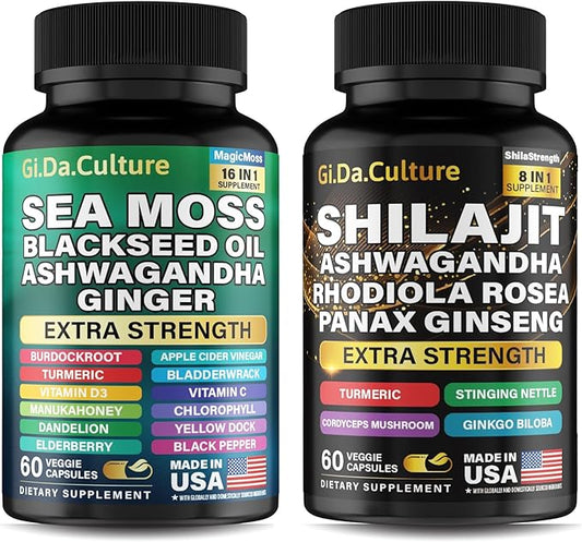 Sea Moss and Shilajit Bundle - Shilajit and Sea Moss Combo with Ashwagandha Black Seed Oil Turmeric Bladderwrack Burdock Root Black Pepper with Vitamins and Antioxidants - 60 Day Supply