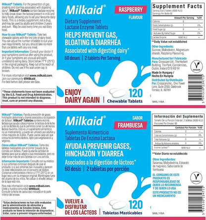 Milkaid Lactase Enzyme Chewable Tablets for Lactose Intolerance Relief | Prevents Gas, Bloating & Diarrhea | Fast Acting Dairy Digestive Supplement (120 Tablets, Raspberry)