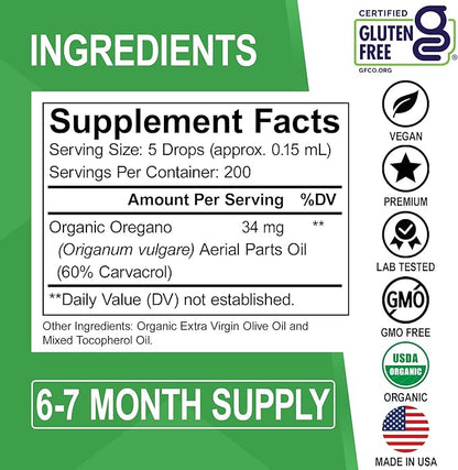 Oregano Oil Organic Liquid Drops - 6 Month Supply Oil of Oregano Drops Tincture Extract, Cleanse, Detox, Immune Support, Digestive Gut Health - Pure Vegan Non-GMO Herbal Organic Oregano Oil Drops 1 oz
