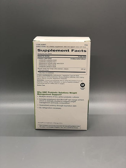 GNC Probiotic Solutions Weight Management Support with 25 Billion CFUs | Contains Clinically Studied Strains of Live, Active Probiotic Cultures, Vegetarian, Gluten Free, | 30 Capsules