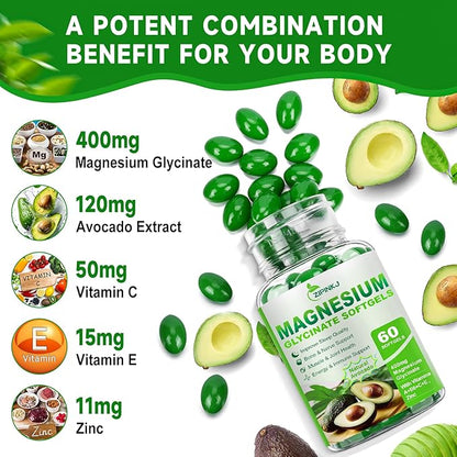 Magnesium Glycinate 400mg, High Absorption Magnesium Supplements Softgels with Vitamin E, B6, Zinc for Sleep, Calm, Muscle Relaxation & Bone Health, Gluten-Free, Non-GMO, 60 softgels