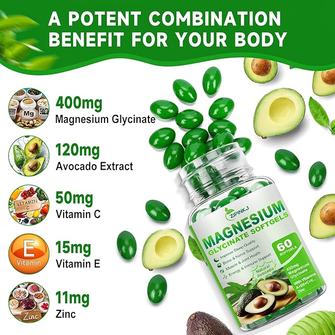High Absorption Magnesium Glycinate Softgels, Magnesium Supplements 400mg with Zinc, Vitamin E, B6 for Women Men, Improve Sleep, Muscle Relaxation & Bone Health, Gluten-Free, Non-GMO, 2 Pack