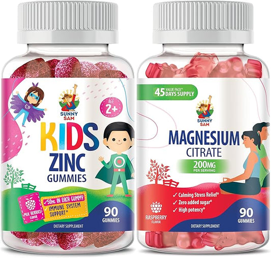 Magnesium Gummies for Adults & Zinc Gummies for Kids & Adults. 200mg - Calm Magnesium Chews - Magnesium Citrate Chewable Supplement for Mood & Muscle Support. Zinc Chewable Gummy for Immune Support -