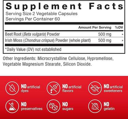 FORCE FACTOR Irish Sea Moss + Beet Root Supplement to Support Immunity, Circulation, Natural Energy, Heart Health, with Antioxidants, Non-GMO, Vegan-Friendly, Soy-Free, 120 Vegetable Capsules