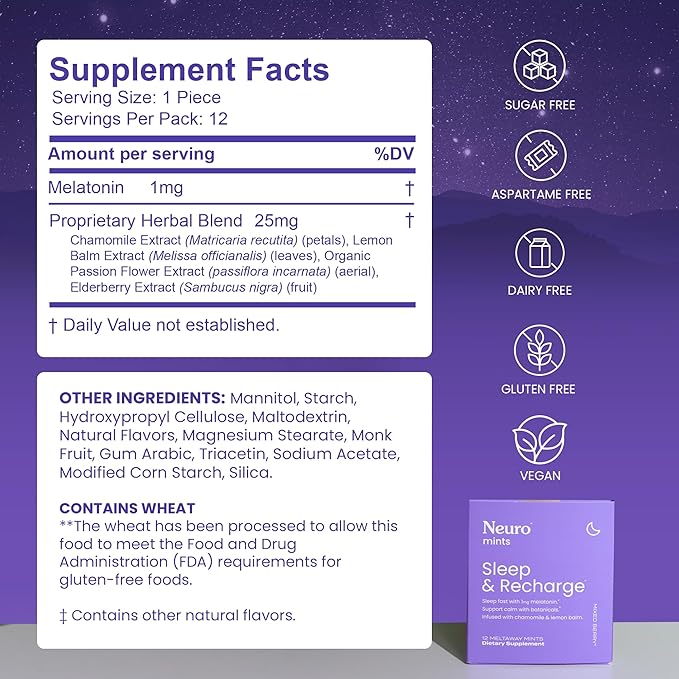 Neuro Melatonin 1 mg Sleep & Recharge Mints (72 Pieces) - Fast Dissolve Melatonin Sugar Free Mints with Lemon Balm & Chamomile for Better Sleep - Calm Sleep Supplement - Mixed Berry Flavor