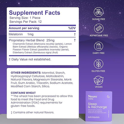 Neuro Melatonin 1 mg Sleep & Recharge Mints (72 Pieces) - Fast Dissolve Melatonin Sugar Free Mints with Lemon Balm & Chamomile for Better Sleep - Calm Sleep Supplement - Mixed Berry Flavor
