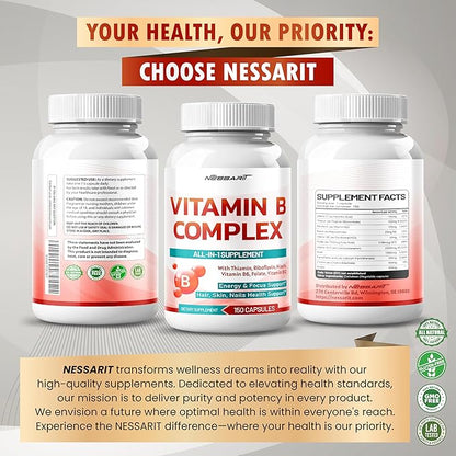 Vitamin B Complex - High Potency with Thiamin, Riboflavin, Niacin Vitamin B6, Folate, Vitamin B12 -Energy, Focus, Hair, Skin, Nails Support - 150 Count - Made & Tested in The USA