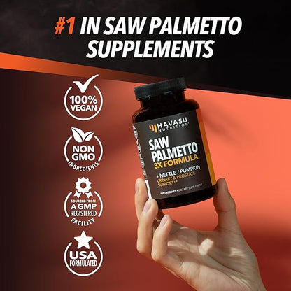 Saw Palmetto Supplement with Stinging Nettle and Pumpkin Seed Extract - Advanced 3X Formula - DHT Blocker Urinary Health and Prostate Support for Mens Health - Vegan, Non-GMO Capsules - 2 Month Supply