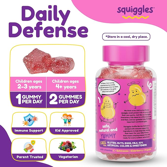 Squiggles Sniffle Berries Elderberry Gummies with Bee Propolis & Echinacea, Kids Immune Booster, Propolis Gummies for Health, Toddler Vitamins for Immune Support, Tasty Chewy Gummy (100 Count)