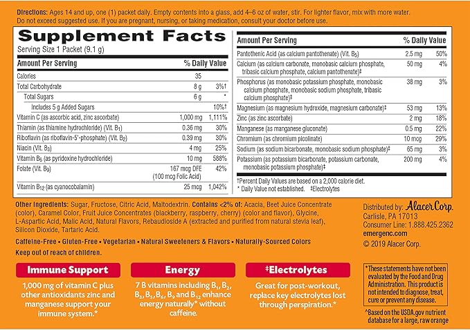 Emergen-C 1000mg Vitamin C Powder, with Antioxidants, B Vitamins and Electrolytes, Supplements for Immune Support, Caffeine Free Fizzy Drink Mix, Raspberry Flavor - 30 Count/1 Month Supply