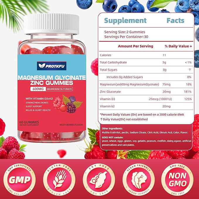 Magnesium Zinc Gummies w/Vitamin D3 & K2, Sugar Free High Absorption Magnesium Glycinate 600mg - Supports Bone Health, Nerve & Immune Function- 60 Count(one Pack)