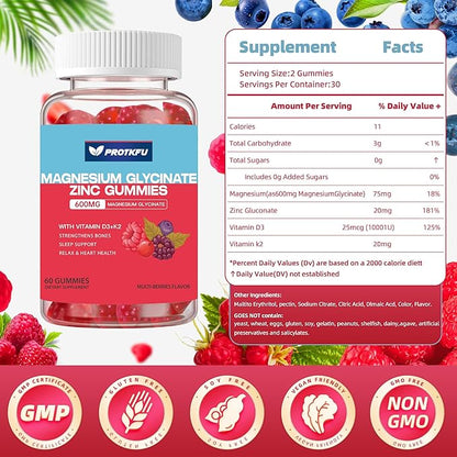 Magnesium Zinc Gummies w/Vitamin D3 & K2, Sugar Free High Absorption Magnesium Glycinate 600mg - Supports Bone Health, Nerve & Immune Function- 60 Count(one Pack)