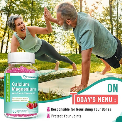 High Absorption Calcium Gummies, Calcium Magnesium Zinc with Magnesium Glycinate, Potassium, Vitamin D3 for Women & Men - Raspberry Flavored 120 Cts