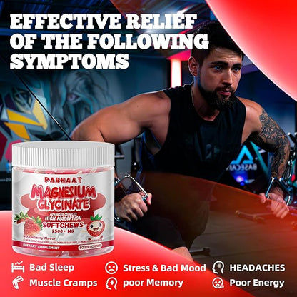Magnesium Glycinate Soft Chews, Strawberry Flavor.Chewable Sugar Free Potassium Magnesium Chews with Magnesium Glycinate, Vitamin D, B6, and CoQ10 for Calm Support & Sleep for Adults, 60 Days Supply