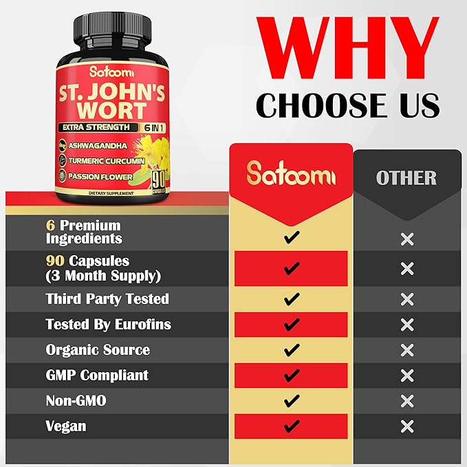 Satoomi St. John's Wort Capsules Extract Supplement - 6 Herbs Equivalent 5050 mg - Emotional Balance, Joyful Mood & Mood Support - 1 Pack 90 Veggie Caps 3-Month Supply