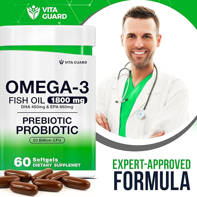 Omega-3 Fish Oil with Prebiotics & Probiotics – 1800mg EPA & DHA Supplement for Heart, Brain, and Gut Health – 20 Billion CFU, Inulin Fiber, Burpless Lemon-Flavored Softgels